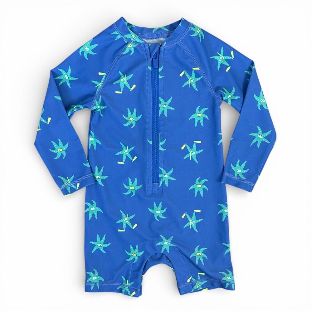 Old Navy Blue Starfish Print Long Sleeve One Piece Rash Guard Swimsuit 18-24M